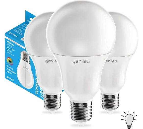 Изображение товара Светодиодная лампа geniled энергосберегающая, E27, A60, 12Вт, 4000К 90Ra, груша, 3 шт 01371_4000_3