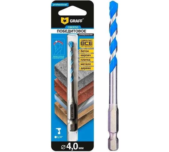 Изображение товара Победитовое сверло 4x45x90 мм, в блистере GRAFF 68445
