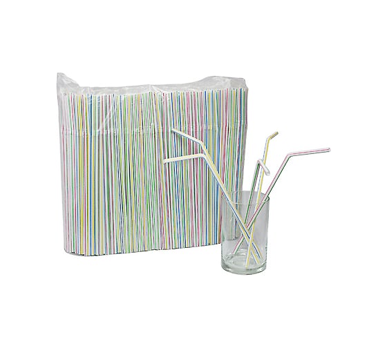 Изображение товара Соломка-трубочка для коктейля ALMIN высота 240, диаметр 5 мм 1000 шт в упаковке с изгибом белая с цветной полосой полипропилен 1//12 ПС-050810