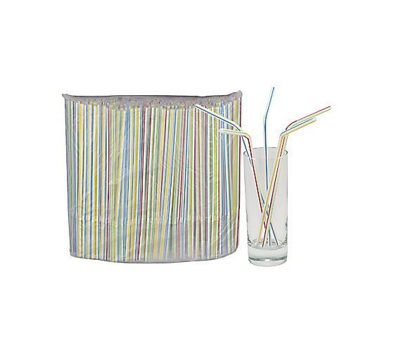 Изображение товара Соломка-трубочка для коктейля ALMIN высота 210, диаметр 5 мм 250 шт в упаковке с изгибом белая с цветной полосой полипропилен 1/48 ПС-41011