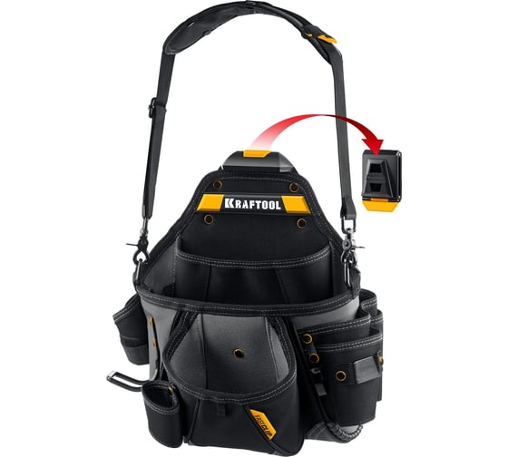 Изображение товара Поясная сумка 320x310 мм с быстросъёмным креплением FastClip KRAFTOOL KPB-20 плечевой ремень, 20 карманов и петель 38767