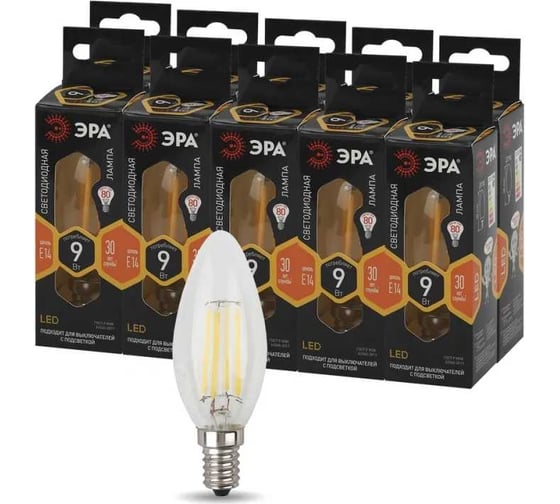 Изображение товара Набор лампочек ЭРА FLED B359w827E14 светодиодные (EC) Е14 / E14 9 Вт филаментная, свеча, теплый б, 10 шт Б0056323