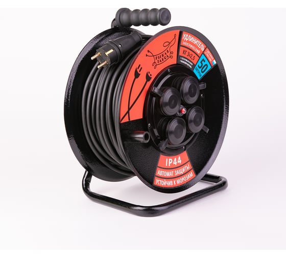 Изображение товара Удлинитель УКМ-44 (катушка металл) Рыжая такса с АВТОМАТОМ ЗАЩИТЫ КГ 3*2,5 (16А) 4гн. 50м IP44 с/з, УКМ4404-3452
