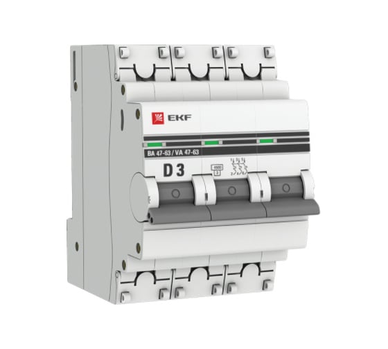 Изображение товара Автоматический выключатель EKF PROxima ВА 47-63, 3P, 3А, 4,5kA mcb4763-3-03D-pro