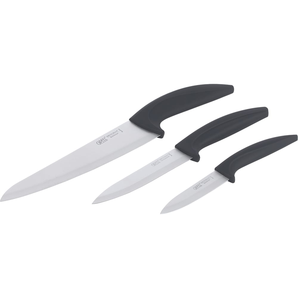 Изображение товара Набор ножей на подставке: нож поварской 20см, нож универсальный 13см, нож для чистки овощей 9см. Материал лезвия: X30Cr13. Рукоять: пластик, термопластичная резина. Подставка: пластик, TPR. Цвет: Чёрный. Gipfel 51085
