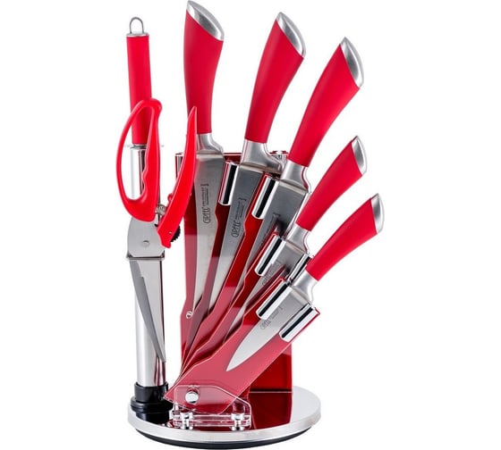 Изображение товара Набор кухонных ножей MIRELLA 8 пр. на акриловой подставке. Материал лезвия: нерж. сталь 3CR13. Материал ручек: нерж. сталь, пластик. Цвет: красный Gipfel 8447