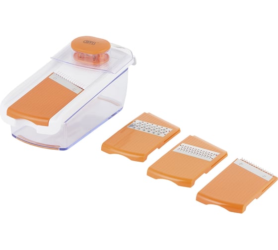 Изображение товара Овощерезка SANA ручная многофункциональная с контейнером и сменными ножами, 28x11x9см. Материал: пластик, нерж.сталь. Цвет: оранжевый. Gipfel 50742