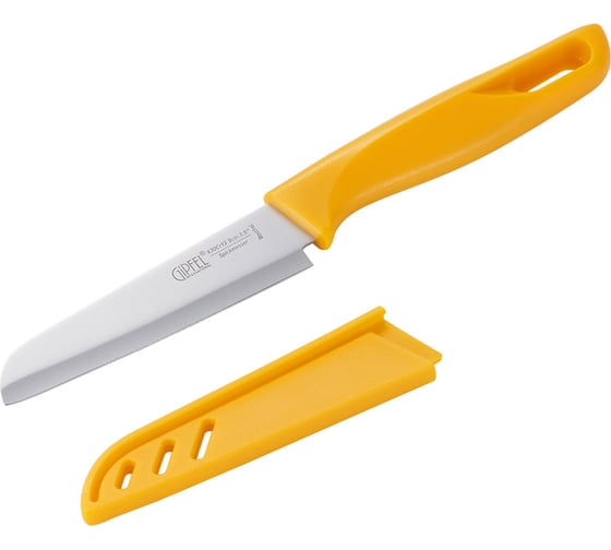 Изображение товара Нож универсальный SORTI 9 см в чехле. Материал лезвия: сталь X30CR13. Материал рукоятки и чехла: пластик. Цвет: желтый Gipfel 52035