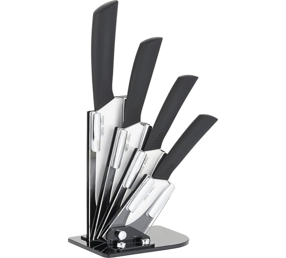 Изображение товара Набор кухонных ножей с керамическими лезвиями на подставке из 5 пр. Размер лезвий ножей: 15см, 13см, 10см, 8см. Цвет ручек: черный. Цвет лезвий: белый. Материал подставки: пластик Gipfel 8481