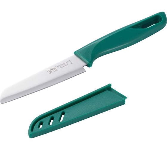 Изображение товара Нож универсальный SORTI 9 см в чехле. Материал лезвия: сталь X30CR13. Материал рукоятки и чехла: пластик. Цвет: зеленый Gipfel 52034