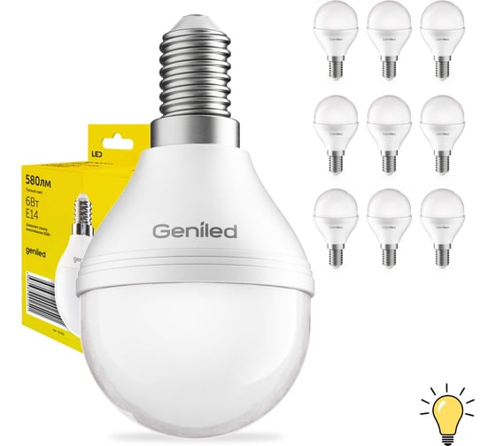 Изображение товара Светодиодная энергосберегающая лампа geniled E14 G45 9Вт 3000K 90Ra Шар 10 шт 01391_3000_10