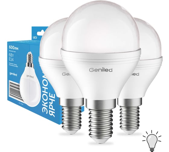 Изображение товара Светодиодная энергосберегающая лампа geniled E14 G45 9Вт 4000K 90Ra Шар 3 шт 01391_4000_3