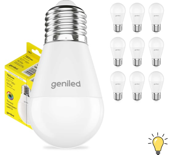 Изображение товара Светодиодная энергосберегающая лампа geniled E27 G45 9Вт 3000K 90Ra Шар 10 шт 01394_3000_10