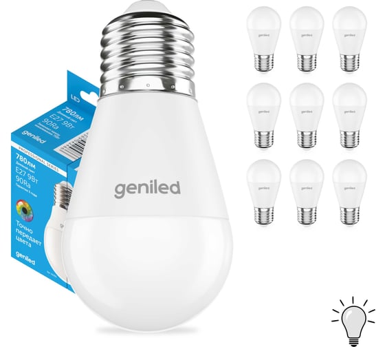 Изображение товара Светодиодная энергосберегающая лампа geniled E27 G45 9Вт 4000K 90Ra Шар 10 шт 01394_4000_10