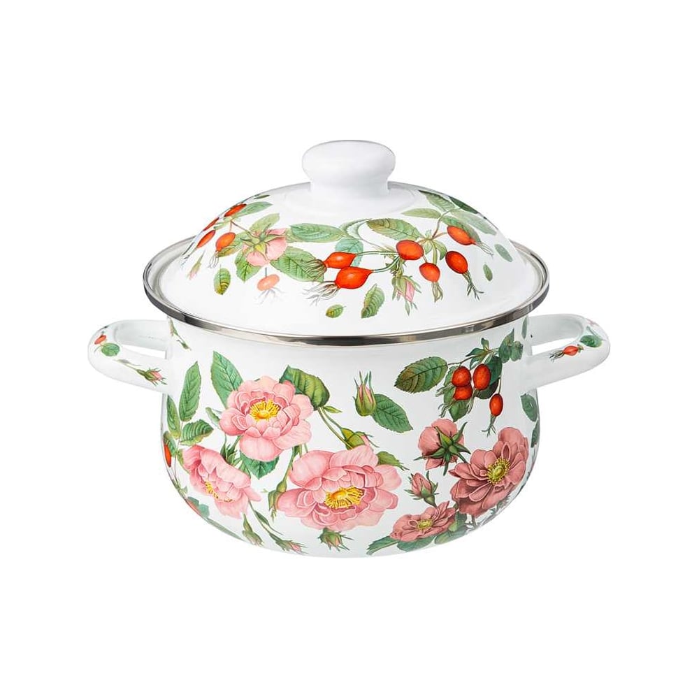 Изображение товара Эмалированная кастрюля Agness 2 л серия Шиповник с крышкой подойдет для всех видов плит