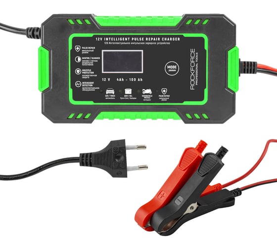 Изображение товара Устройство зарядное импульсное для АКБ с жидкокристаллическим дисплеем Rockforce 12В, автостоп, функция восст.-я, защита от превыш. напряжения и короткого замыкания RF-1206(57847)