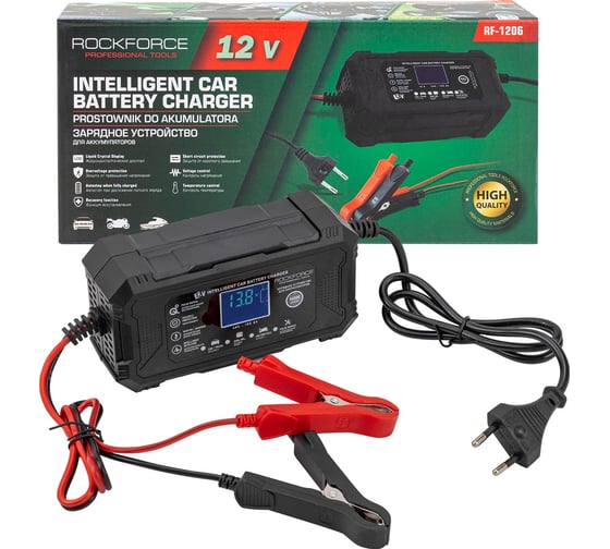 Изображение товара Устройство зарядное импульсное для АКБ с жидкокристаллическим дисплеем Rockforce 12В, автостоп, функция восст.-я, защита от превыш. напряжения и короткого замыкания RF-1206(57847)