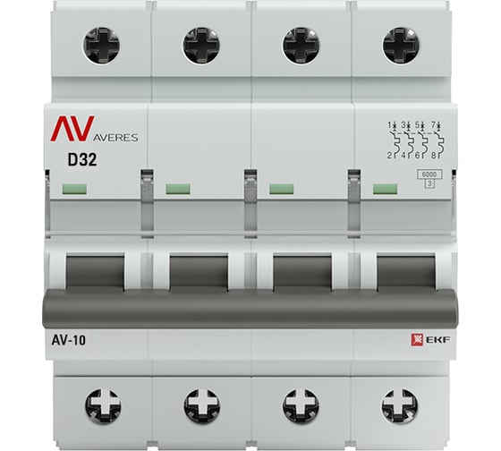 Изображение товара Автоматический выключатель EKF AV-6, 4P, 32A, 6kA, AVERES mcb6-4-32D-av