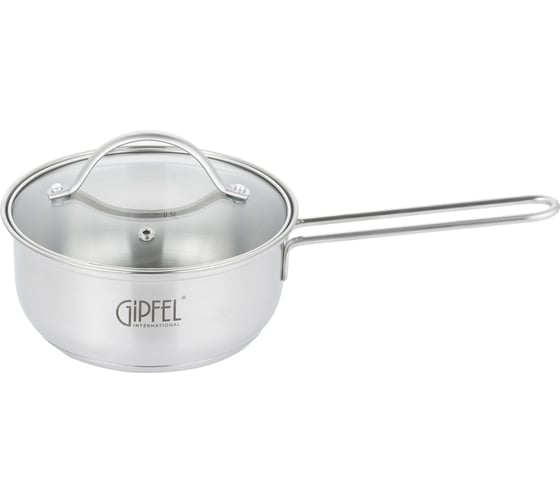 Изображение товара Ковш GIPFEL AZALEA 16x7.5 см/ 1.2л со стеклянной крышкой, с индукционным капсульным дном. Материал: нерж. сталь 18/10. Толщина: 0.5 мм. 51058