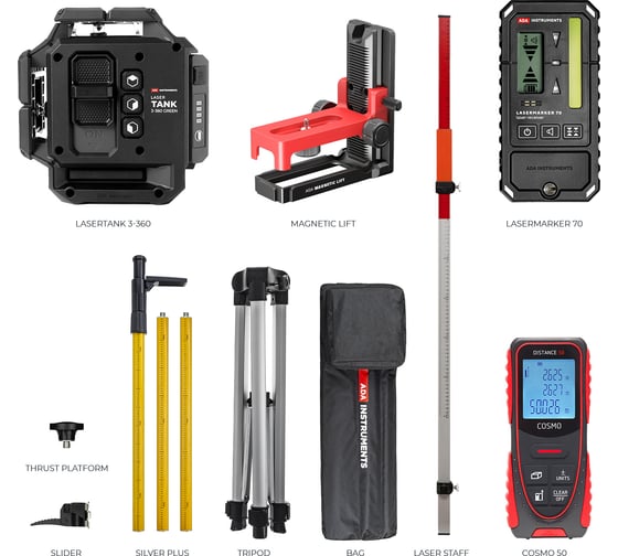 Изображение товара Лазерный уровень ADA PROF SET LaserTANK 3-360 + Cosmo 50 + SILVER PLUS + LASERMARKER 70 + Laser STAFF для уличных работ А00735
