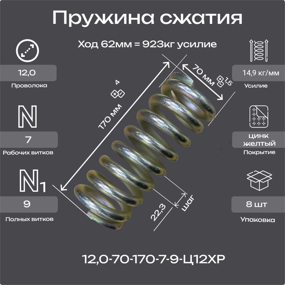 Пружина Пружины.рф 12.0-70-170-7-9-Ц12ХР упаковка 8 шт. PRFVIBRO170UP8