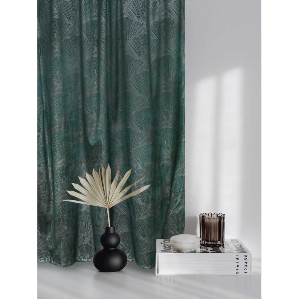 Изображение товара Портьерная штора Witerra вельвет Цветы зеленый 135х180 для кухни