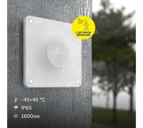 Изображение товара Светодиодный светильник Geniled настенный уличный для сада и дачи с датчиком движения / естественный белый свет 4200К / 15 Вт / 1600 Лм / влагостойкий IP65 / вандалоустойчивый / от сети 220 В 8221 08221