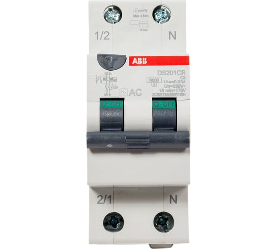 Изображение товара Дифференциальный автомат ABB АВДТ, 2-полюсный (1P+N), 6А, C, 30мА, тип AC, 6кА DS201CR 2CSR755080R1064