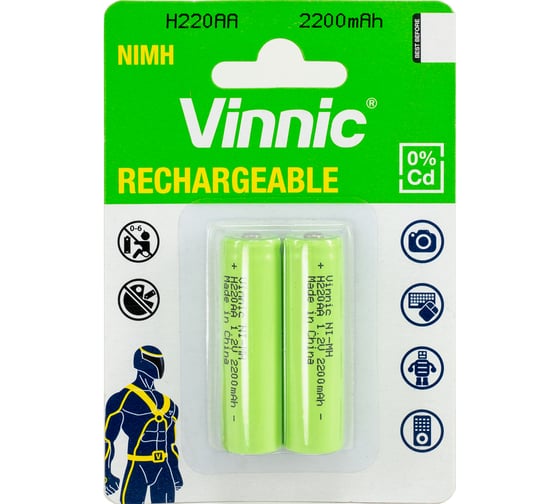 Изображение товара Аккумуляторы VINNIC R6 (AA), Ni-MH, 2200mAh, блистер/2 штуки 4606400106609
