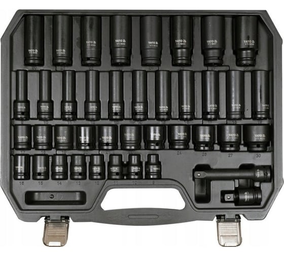 Изображение товара Набор головок торцовых 1/2"DR, длинные, короткие, 9-30 мм, ударные с переходниками, 40 предметов YATO YT-10555