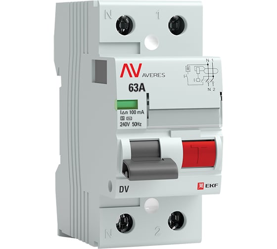 Изображение товара Устройство защитного отключения EKF DV, 2P, 63А/100мА, S AVERES, SQ rccb-2-63-100-s-av