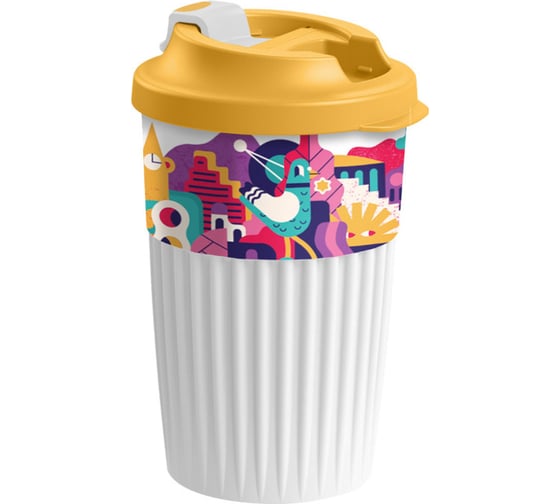 Изображение товара Стакан для горячих напитков Phibo с клапаном и декором, городские фантазии, 450 мл, белый 433277316