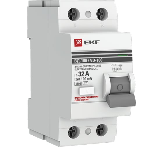 Изображение товара Устройство защитного отключения EKF УЗО ВД-100, 2P, 32А/100мА, PROxima elcb-2-32-100-em-pro