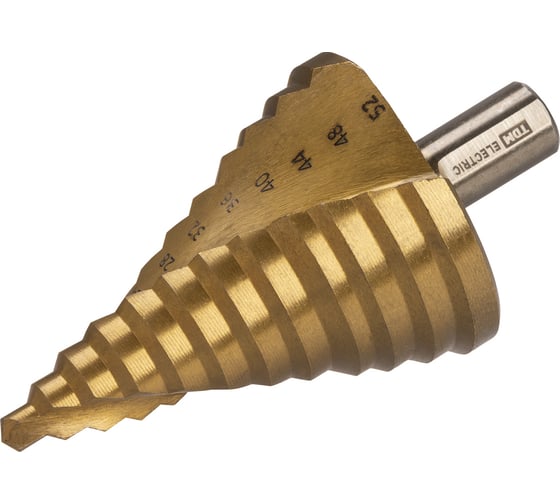 Изображение товара Сверло ступенчатое по металлу, 6-52 мм, 12 ступеней, с нитридтитановым покрытием, HSS, цилиндрический хвостовик, TDM ELECTRIC «Рубин» SQ1090-0723