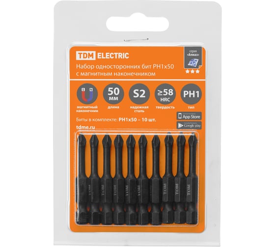 Изображение товара Биты для шуруповёрта PH1x50 магнитные торсионные 10 штук «Алмаз» TDM ELECTRIC SQ1019-0424