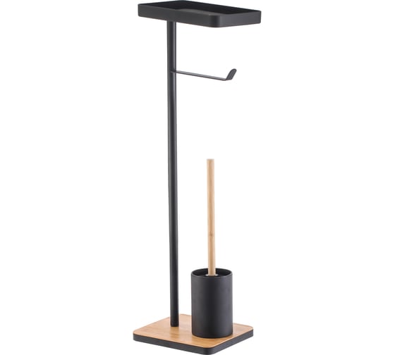 Изображение товара Стойка FORA BAMBOO STYLE с держателем туалетной бумаги, ерша и полкой, черный/бамбук FOR-ST-01BL