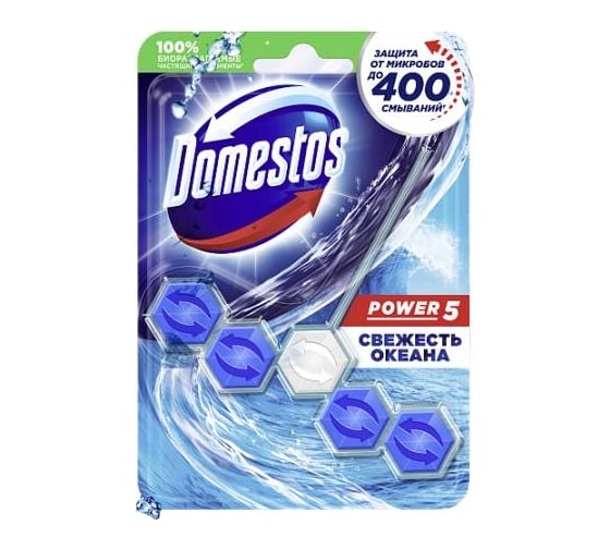 Изображение товара Блок для очищения унитаза POWER 5 DOMESTOS свежесть океана 9x55Г 8710908551154