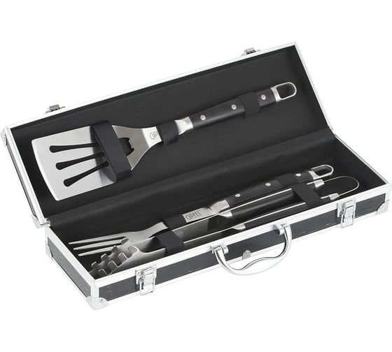 Изображение товара Набор для барбекю Gipfel MODENA из 3 предмета: лопатка 41 см, щипцы 40,5 см, вилка для мяса 41 см, в алюминиевом кейсе, нерж.сталь, древеснослоистый пластик 51252