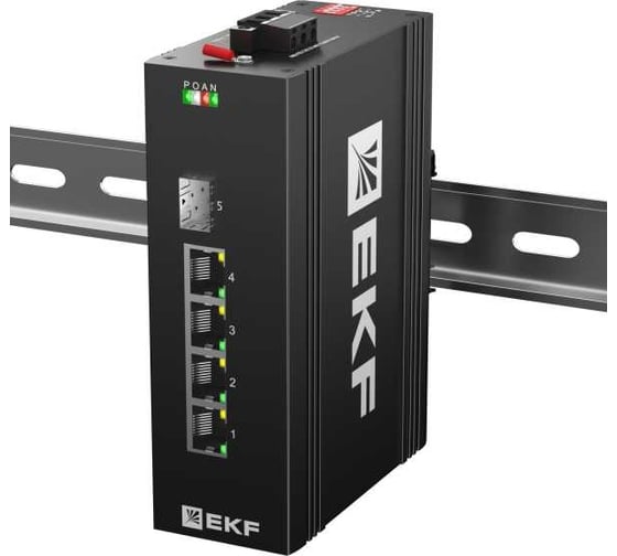 Изображение товара Промышленный неуправляемый коммутатор EKF U-1GX/SFP-4GTP, 1 порт 1000Base-X SFP, 4 порта 10/100/1000Base-T(X) RJ45 c PoE, монтаж на динрейку TSX TSX-U-1GX/SFP-4GTP