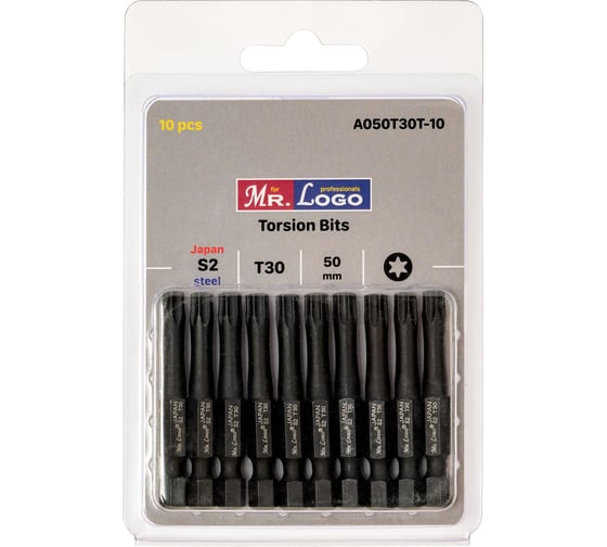 Изображение товара Бита для шуруповерта магнитная торсионная T30, 50 мм, сталь - японская S2, 10 шт Mr.Logo A050T30T-10