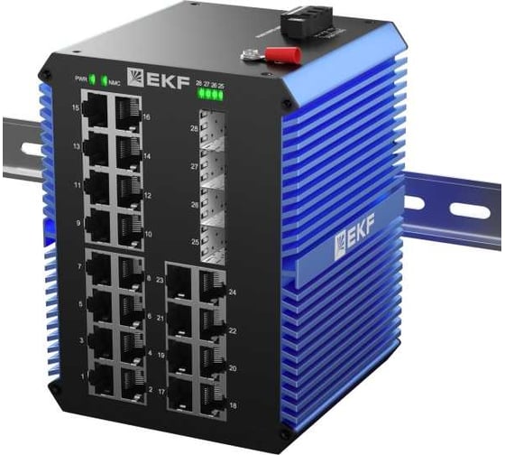 Изображение товара Промышленный неуправляемый коммутатор EKF U-4GX/SFP-24GTP, 4 порта 1000Base-X SFP, 24 порта 10/100/1000Base-T(X) RJ45 c PoE, монтаж на динрейку TSX TSX-U-4GX/SFP-24GTP
