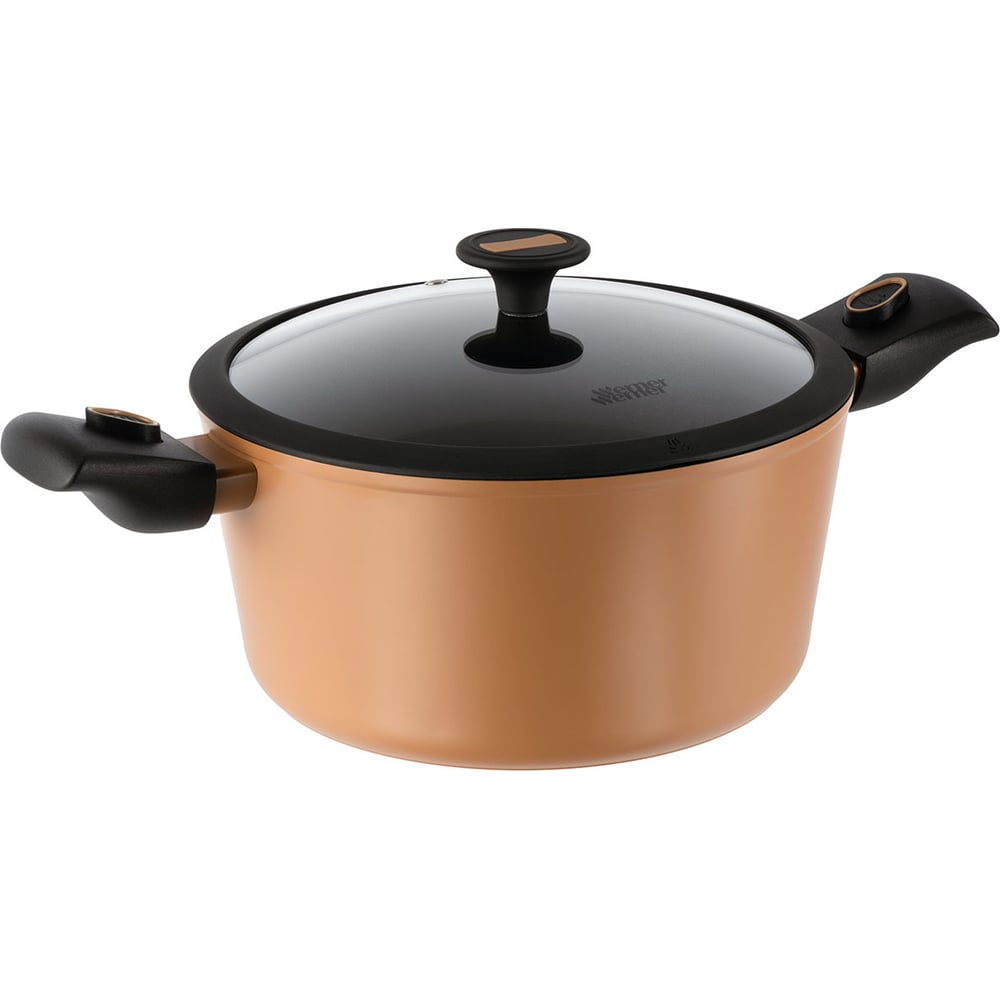 Кастрюля WERNER TIVOLI 24,0x12,0 см/4,5 л с индукционным дном, с двухслойным антипригарным покрытием Whitford Xylan, со съемной бакелитовой ручкой. Материал: кованый алюминий. Толщина стенок: 2,8 мм, толщина дна: 3,2 мм. 52001