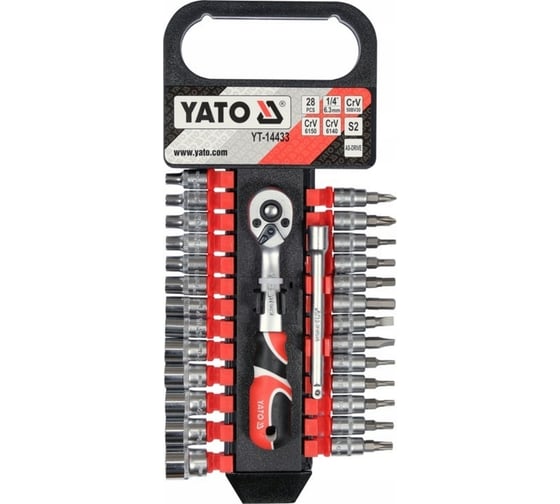 Изображение товара Набор торцовых головок и головок-бит YATO 1/4 4-14мм с трещоткой и удинителем 28 предметов YT-14433