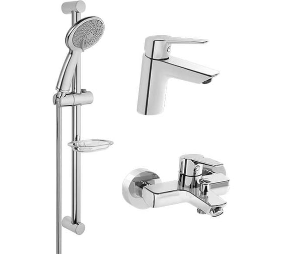 Изображение товара Набор смесителей 3-в-1 Vitra Solid S в одной упаковке (смеситель для раковины, смеситель для ванны, душевой гарнитур) A42242EXP