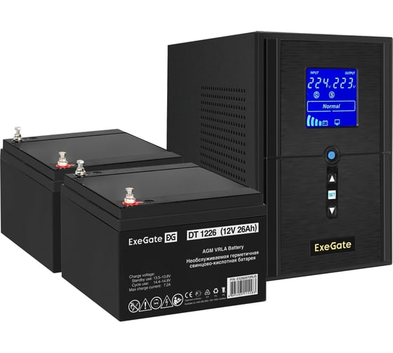 Изображение товара Комплект ИБП ExeGate EX295987RUS+батарея 26Aч EX282970RUS 2шт. инвертор, синус, для котла SineTower SZ-1000.LCD.AVR.2SH.1C13.USB1000VA800W, чистая синусоида, LCD дисплей, AVR 296789