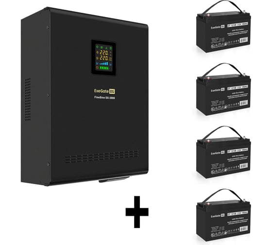 Изображение товара Комплект ИБП ExeGate EX296003RUS+батарея 100Aч EX282985RUS4 штинвертор, синус, для котла, настенный FineSineSX-3000.LCD.AVR.2SH.T3000VA2100W, чистая синусоида, цветной LCD-диспл 296646