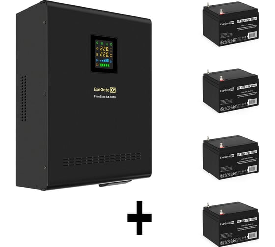 Изображение товара Комплект ИБП ExeGate EX296003RUS+батарея 26Aч EX282970RUS4 штинвертор, синус, для котла, настенный FineSineSX-3000.LCD.AVR.2SH.T3000VA2100W, чистая синусоида, цветной LCD-диспле 296631