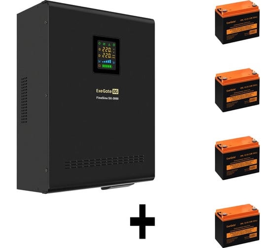 Изображение товара Комплект ИБП ExeGate EX296003RUS+батарея 33Aч EX285664RUS4 штинвертор, синус, для котла, настенный FineSineSX-3000.LCD.AVR.2SH.T3000VA2100W, чистая синусоида, цветной LCD-диспле 296634