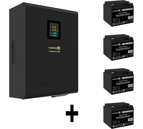 Изображение товара Комплект ИБП ExeGate EX296003RUS+батарея 40Aч EX282976RUS4 штинвертор, синус, для котла, настенный FineSineSX-3000.LCD.AVR.2SH.T3000VA2100W, чистая синусоида, цветной LCD-диспле 296635