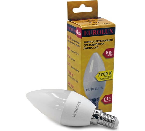 Изображение товара Светодиодная лампа Eurolux LL-E-C37-6W-230-2,7K-E14/свеча, 6Вт, теплый белый, Е14 76/2/2